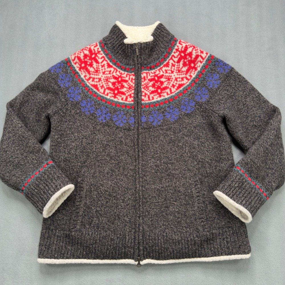 LL Bean Lambswool Fleece Lined Nordic Sweater Jacket Large Gray
